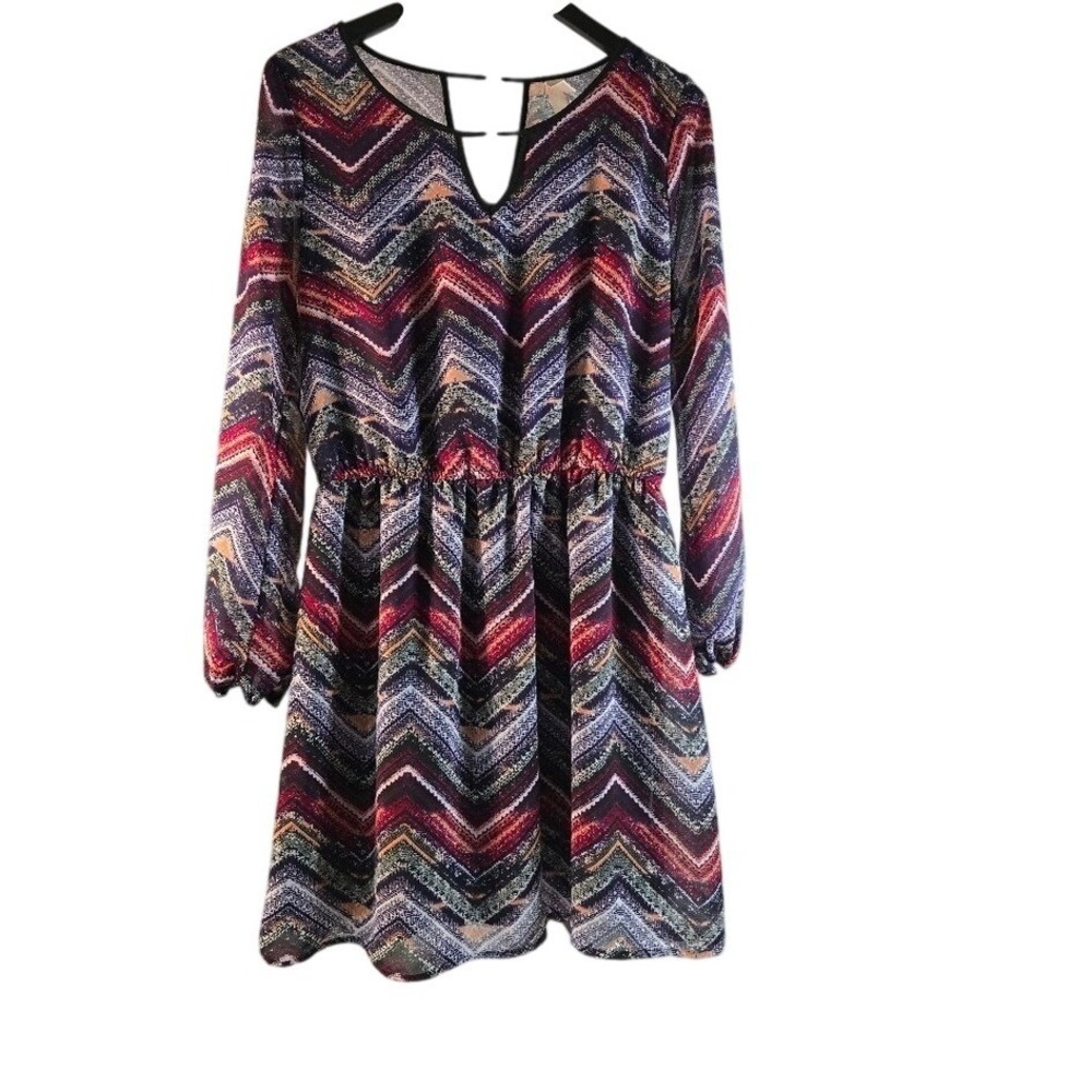 Xhilaration Womens Chevron Print Long Sleeve Chiffon Dress Multi-Color Large - Picture 1 of 8